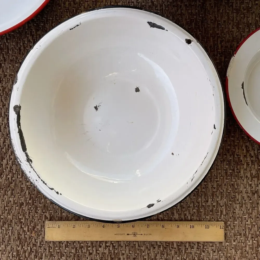Vintage Enamel Bowl Lot Of 8 White Large Various Size Metal Serving Ware